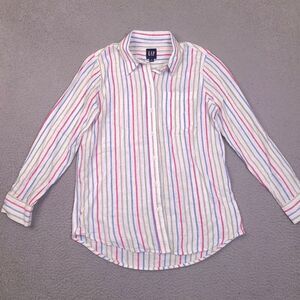 Gap Shirt Womens XS White‎ Striped Colorful Linen Rayon Button Up Long Sleeve